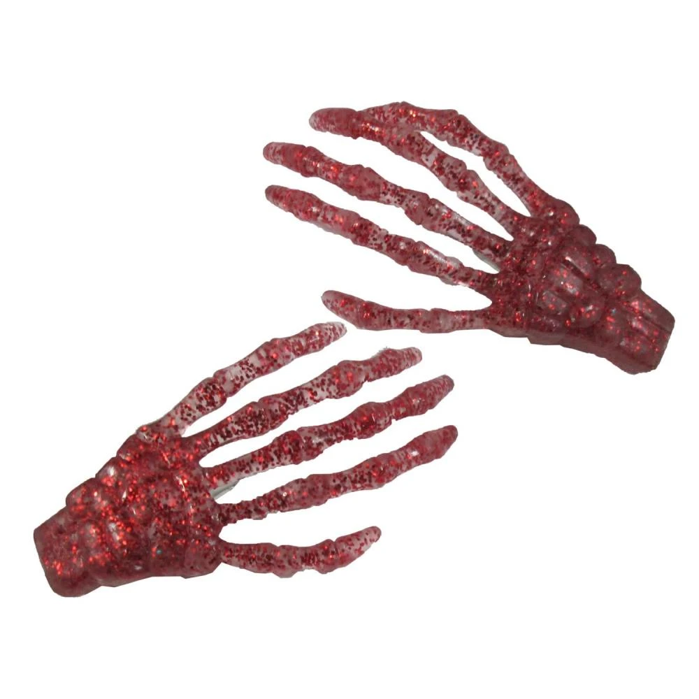 Skeleton Bone Hand Hairslides Red Glitter 1 Skeleton Bone Hand Hairslides Red Glitter