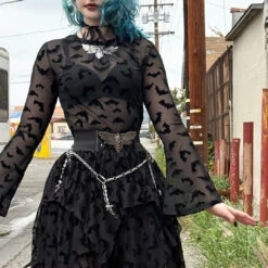 Bat Repeat Mesh Bell Sleeve Top -Creepy Wear World GMTBRBS 4