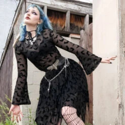 Bat Repeat Mesh Bell Sleeve Top -Creepy Wear World GMTBRBS 5