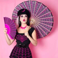 Spiderweb Pink And Black Fabric Parasol -Creepy Wear World HWPSWP 4