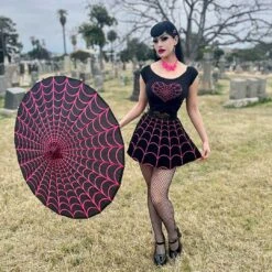 Spiderweb Pink And Black Fabric Parasol -Creepy Wear World HWPSWP 5