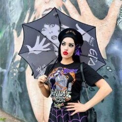 Skull Handle Elvira Classic Logo Umbrella 7 Skull Handle Elvira Classic Logo Umbrella -Creepy Wear World HWSHECL 4