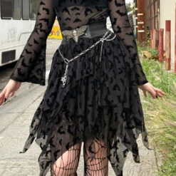 Bat Repeat Mesh Tiered Midi Skirt 10 Bat Repeat Mesh Tiered Midi Skirt -Creepy Wear World SKMBRT 4